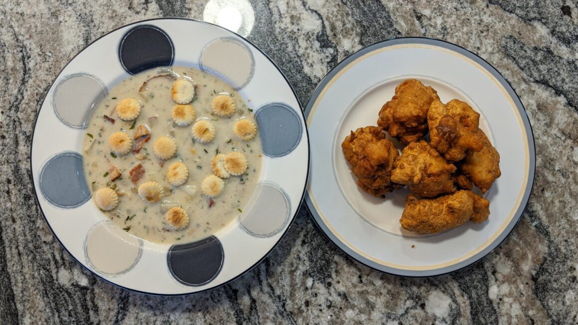 Chowder and clam cakes