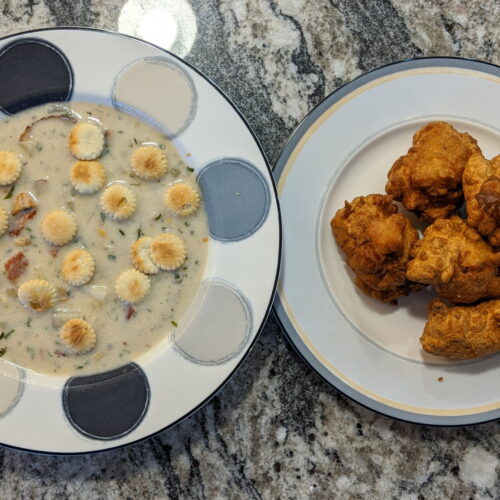 Chowder and clam cakes
