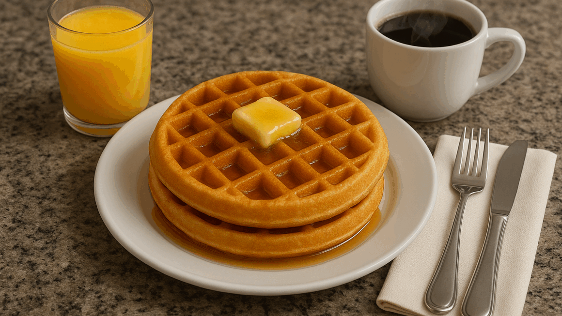 belgian waffles with butter and syrup on a plate with a cup of coffee, a glass of orange juice and a place setting with a knife and fork