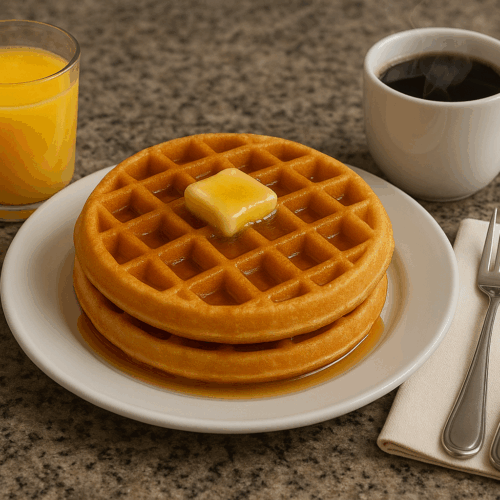 belgian waffles with butter and syrup on a plate with a cup of coffee, a glass of orange juice and a place setting with a knife and fork